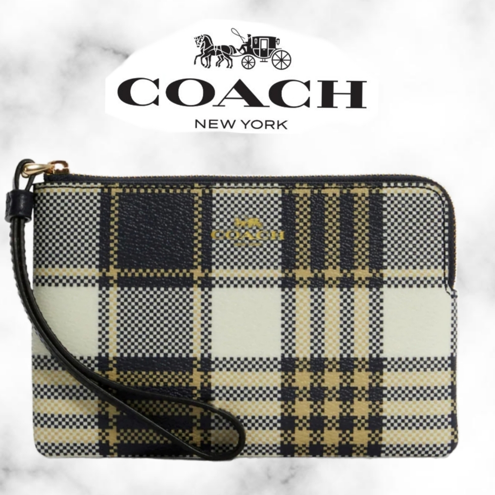 Coach Corner Zip Wristlet With Garden Plaid Print
